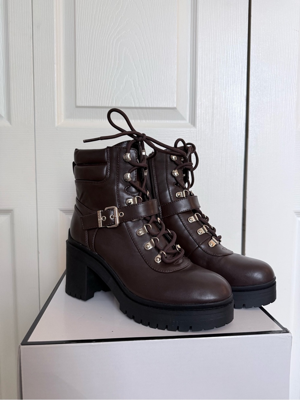 Guess Brown Lace-Up Chunky Heel Ankle Boots